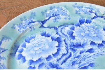 アンティーク雑貨　明治期!花鳥の図　染付青磁大皿