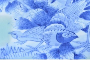 アンティーク雑貨　明治期!花鳥の図　染付青磁大皿