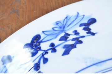 アンティーク雑貨　明治期!花鳥の図　染付青磁大皿