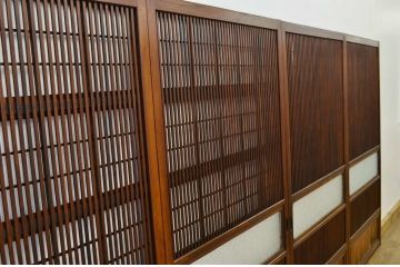 古民具　骨董　古い木のダイヤガラス格子戸4枚セット(裏障子付き)