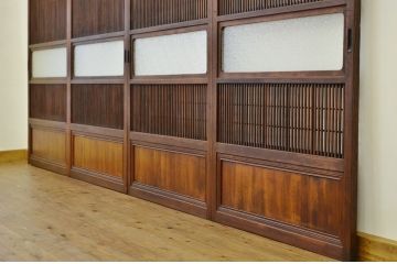 古民具　骨董　古い木のダイヤガラス格子戸4枚セット(裏障子付き)
