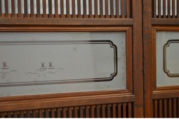 古民具　骨董　古い木の絵模様ガラス格子戸3枚セット(裏障子付き)
