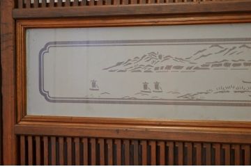 古民具　骨董　古い木の絵模様ガラス格子戸3枚セット(裏障子付き)