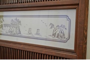 古民具　骨董　古い木の絵模様ガラス格子戸3枚セット(裏障子付き)