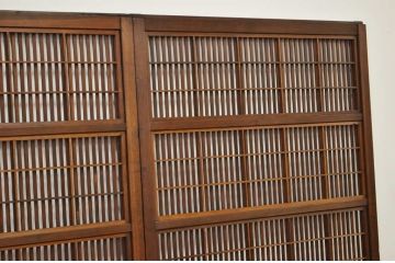 古民具　骨董　古い木の絵模様ガラス格子戸3枚セット(裏障子付き)