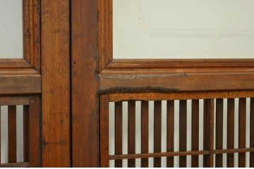 古民具　骨董　古い木の絵模様ガラス格子戸3枚セット(裏障子付き)