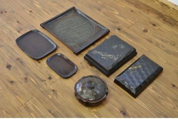 アンティーク雑貨　○古い水戸彫お盆硯箱など6点セット