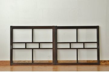古い木のダイヤと銀モールガラスの入った引き戸2枚セット(窓、ガラス戸)