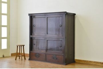 アンティーク家具　古民具・骨董 明治時代/古い木の味わいある大収納棚(時代箪笥)