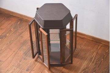 アンティーク家具　和製アンティーク　ナラ材　卓上でも使える六角形ガラスケース(ショーケース、陳列棚、飾り棚)