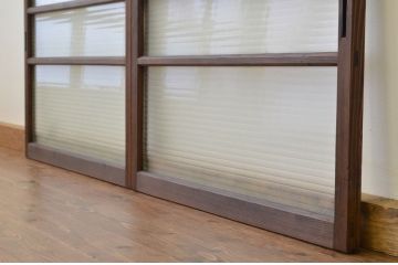 アンティーク　古い木の銀モールガラス引き戸2枚セット(窓建具)
