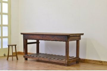 アンティーク家具　極厚無垢材の工場用アンティーク大型作業台(テーブル)