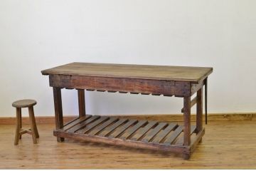 アンティーク家具　極厚無垢材の工場用アンティーク大型作業台(テーブル)