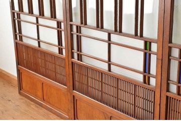 希少な色ガラス入りの素敵なデザインの格子ガラス引き戸3枚セット(裏障子付き)