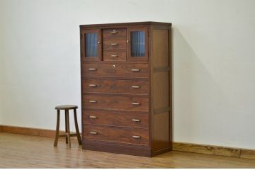 レトロ家具　昭和レトロ　モールガラスと小引き出し付きチェスト(箪笥・たんす)
