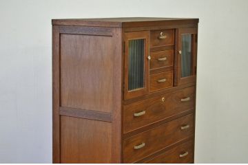 レトロ家具　昭和レトロ　モールガラスと小引き出し付きチェスト(箪笥・たんす)