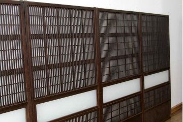 古民具・骨董　古い木の裏障子付き格子4枚セット(引き戸・建具)