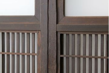 古民具・骨董　古い木の裏障子付き格子4枚セット(引き戸・建具)