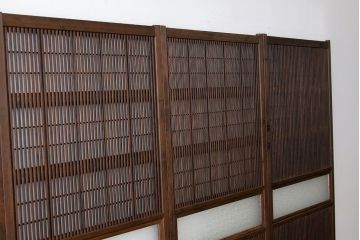 古民具・骨董　ダイヤガラス入り裏障子付き格子戸4枚セット(引き戸・建具)