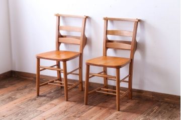 アンティーク家具　イギリスアンティーク　ビーチ材のチャーチチェア2脚セット(チャペルチェア)