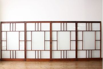 古民具・骨董　素敵なデザインの結霜ガラス入り引き戸4枚セット(ガラス戸・建具)