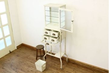 ヴィンテージ家具　希少イギリスビンテージアイアンキャビネット(ケビントガラスケース)(医療棚)