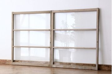 昭和レトロ　シンプルなペイントガラス窓2枚セット(ガラス戸・引き戸)