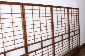 アンティーク　色ガラス入り木味のシンプルな障子戸4枚セット(引き戸・格子戸)