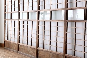 アンティーク　色ガラス入り木味のシンプルな障子戸4枚セット(引き戸・格子戸)