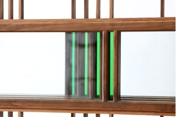 アンティーク　色ガラス入り木味のシンプルな障子戸4枚セット(引き戸・格子戸)