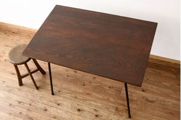 レトロ家具　アンティーク　天板無垢板の鉄脚テーブル(4)アイアン作業台昭和レトロ(鉄足、机、在宅ワーク、在宅用テーブル、作業台、デスク)