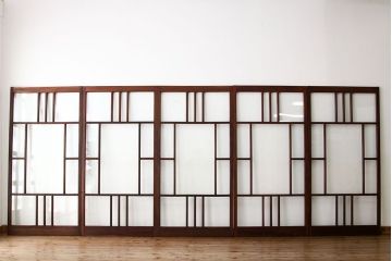 昭和レトロ　古い木の変わり型ガラス引き戸5枚セット(アンティークガラス戸)
