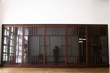 昭和レトロ　古い木の変わり型ガラス引き戸5枚セット(アンティークガラス戸)