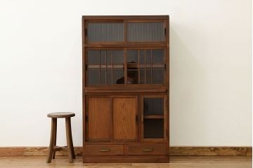 レトロ家具　昭和レトロ　古い木の作業台付きモールガラス食器棚(収納棚)
