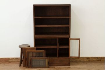 レトロ家具　昭和レトロ　古い木の作業台付きモールガラス食器棚(収納棚)