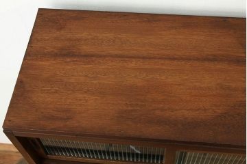 レトロ家具　昭和レトロ　古い木の作業台付きモールガラス食器棚(収納棚)