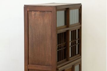 レトロ家具　昭和レトロ　古い木の作業台付きモールガラス食器棚(収納棚)