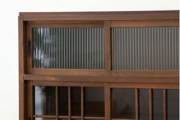 レトロ家具　昭和レトロ　古い木の作業台付きモールガラス食器棚(収納棚)