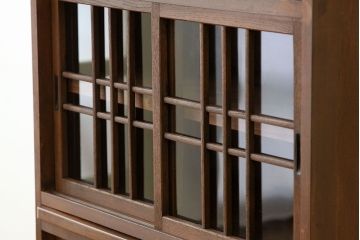 レトロ家具　昭和レトロ　古い木の作業台付きモールガラス食器棚(収納棚)