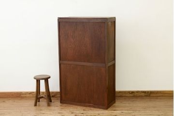 レトロ家具　昭和レトロ　古い木の作業台付きモールガラス食器棚(収納棚)