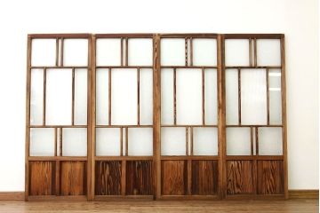 アンティーク　使い込まれたモール・結霜ガラス入り細身の引き戸4枚セット(ガラス戸)