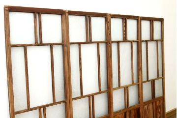 アンティーク　使い込まれたモール・結霜ガラス入り細身の引き戸4枚セット(ガラス戸)