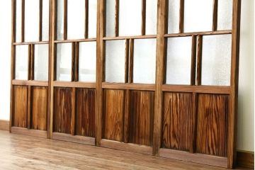 アンティーク　使い込まれたモール・結霜ガラス入り細身の引き戸4枚セット(ガラス戸)