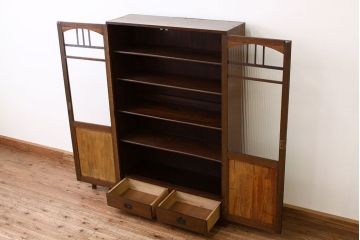 アンティーク家具　アンティーク　古いナラ材の内側引き出しモールガラス本箱(収納棚)
