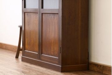 アンティーク家具　アンティーク　古いナラ材の内側引き出しモールガラス本箱(収納棚)
