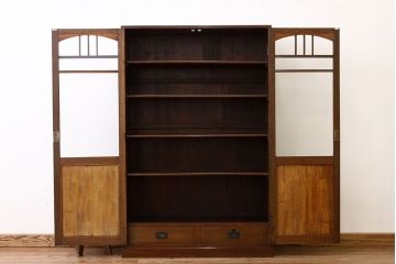 アンティーク家具　アンティーク　古いナラ材の内側引き出しモールガラス本箱(収納棚)