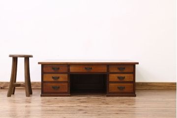 アンティーク家具　高級品特別注文造りナラ無垢材の象嵌入り両袖机(簿記机)