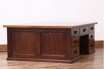 アンティーク家具　高級品特別注文造りナラ無垢材の象嵌入り両袖机(簿記机)