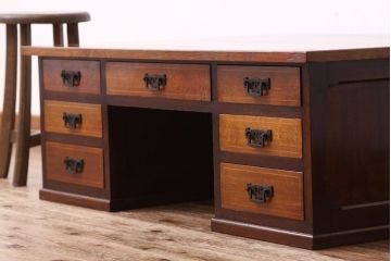 アンティーク家具　高級品特別注文造りナラ無垢材の象嵌入り両袖机(簿記机)