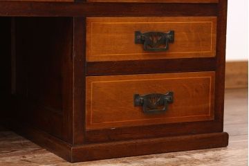 アンティーク家具　高級品特別注文造りナラ無垢材の象嵌入り両袖机(簿記机)